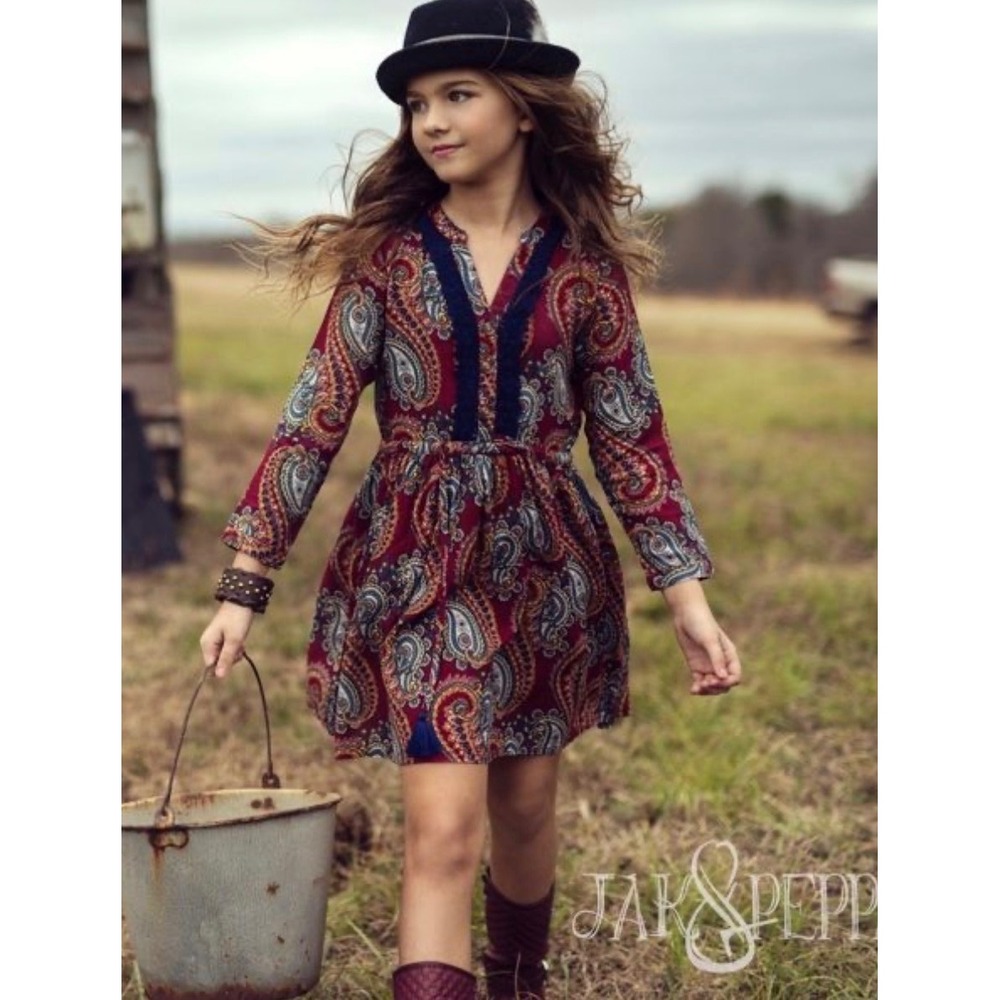 Jak & Peppar Lolla Dress Girls 12 Burgundy Paisley Lace Trim Tassel Boho